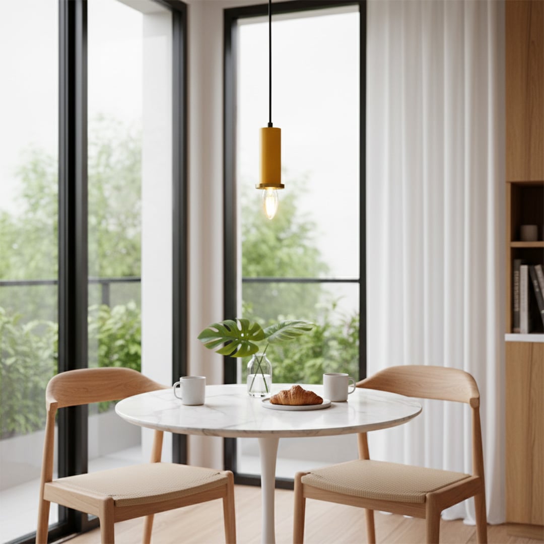 Gold metal pendant light above dining table adding Scandinavian elegance and warm ambient lighting to modern interiors.