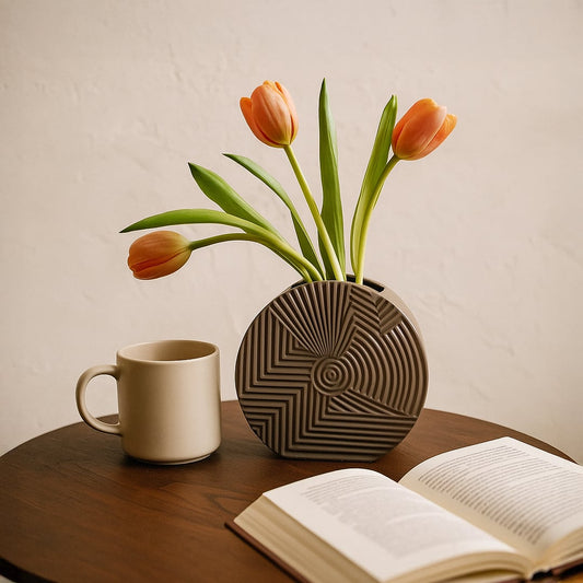 Brown ceramic geometric vase with orange tulips on a wooden table next to a coffee mug and open book for cozy home decor.