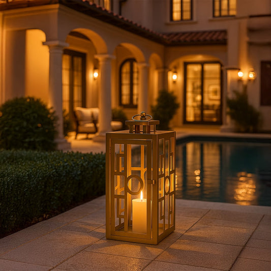 Outdoor metal lantern placed near entrance pathway casting warm evening light and enhancing luxury exterior home Decor mood.