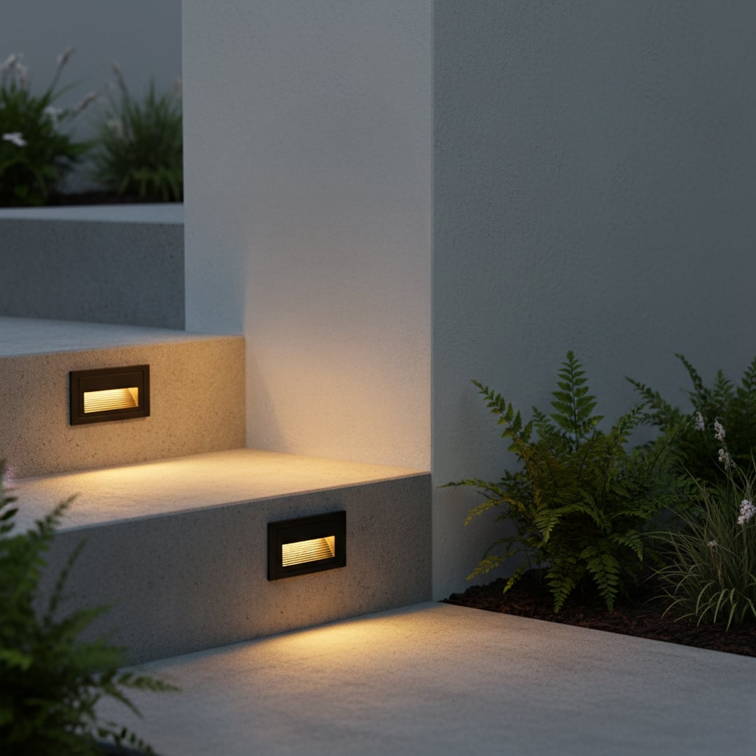 Contemporary black wall step light casting warm downward glow enhancing stairway and corridor ambience.