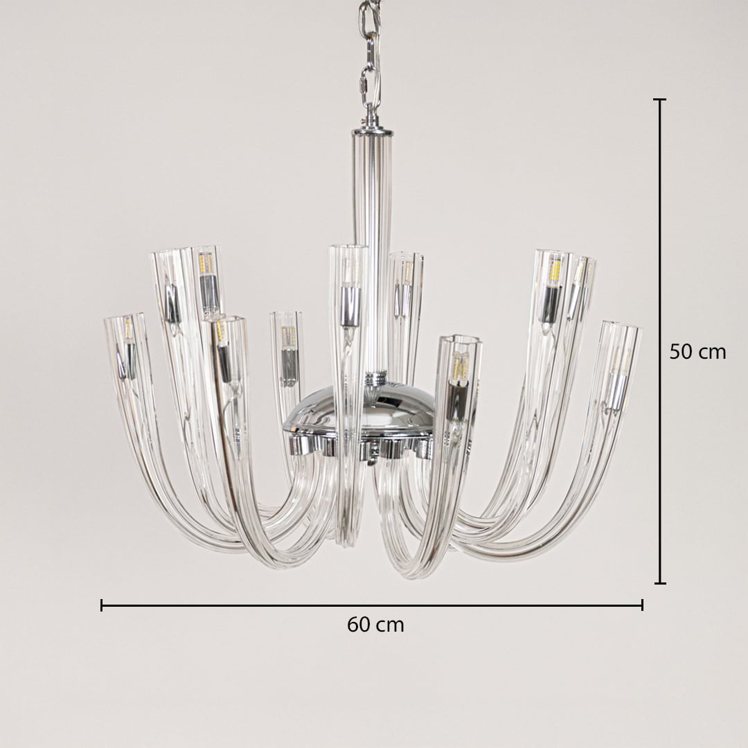 Modern chrome and clear glass chandelier sized 50 cm height and 60 cm width ideal for stylish living room ceiling lighting.