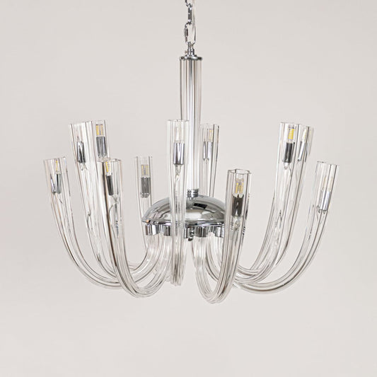 Modern chrome and clear glass chandelier shown on white background ideal for clean and contemporary room ceilings.