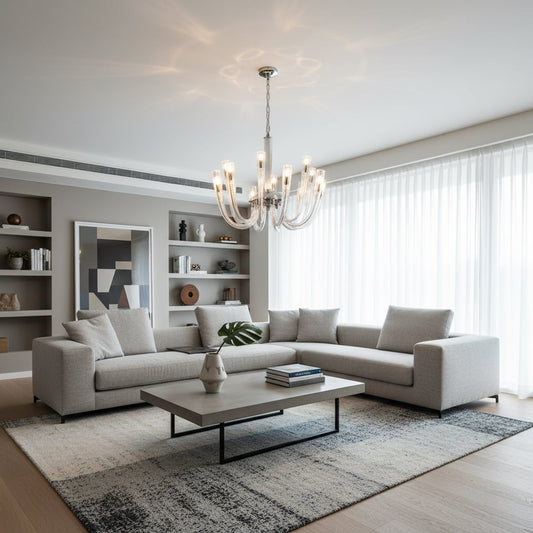Modern chrome and clear glass chandelier adds elegant ambient lighting to living room or dining room ceilings.