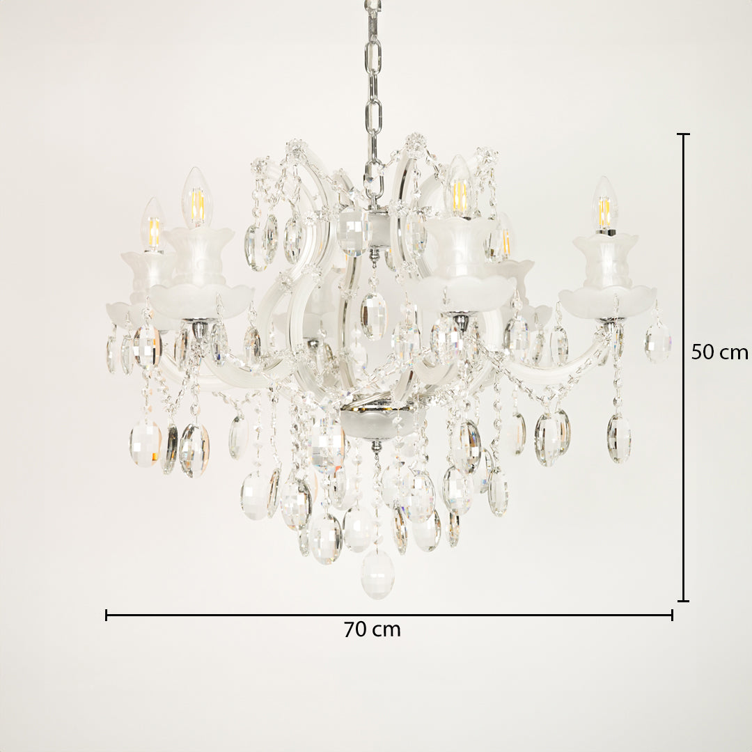 Dimension image of gold metal candle style chandelier for modern dining room decor styling with precise size measurement.