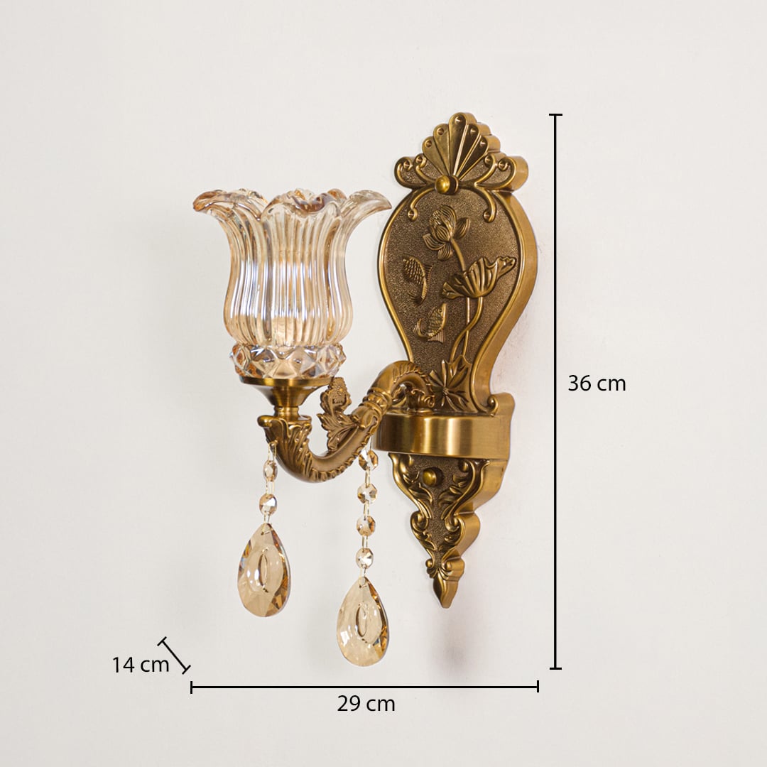 Wall light with antique gold metal frame and amber glass shade shown with 36 cm height and 29 cm width and 14 cm depth for accurate placement.
