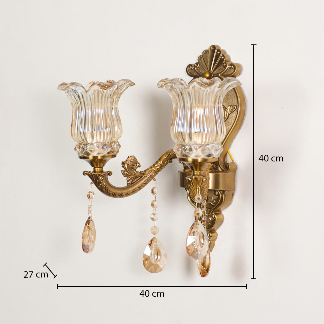 Wall light with antique gold metal frame and amber glass shades shown with 40 cm height and 40 cm width and 27 cm depth for accurate placement.