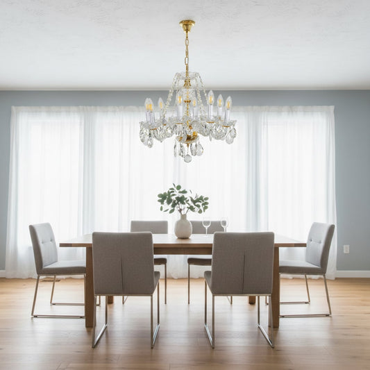 Gold metal crystal chandelier adds bright elegant lighting to living room or dining room ceilings creating a luxury ambience.