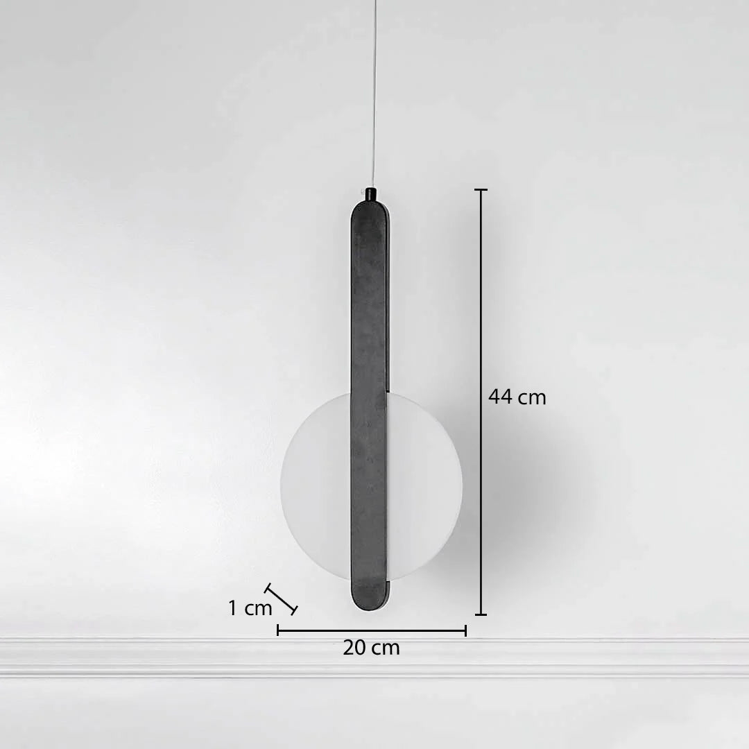 Geometric LED pendant lamp with black bar and white circular shade showing 43.5cm height 19.8cm width and 1.5cm depth.