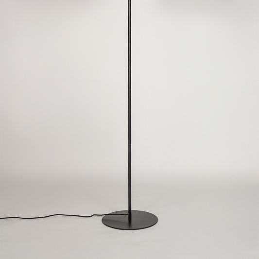 White background image of black metal floor lamp base for elegant living room decor styling and modern home lighting setup.