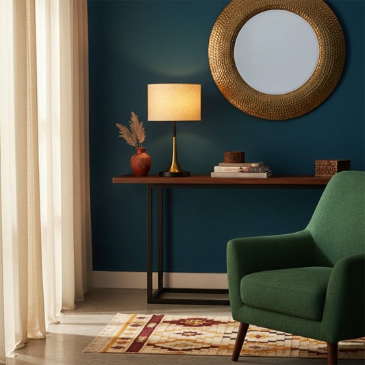 Table lamp with fabric shade placed on console table below round wall mirror creating soft ambient lighting for modern living room decor.