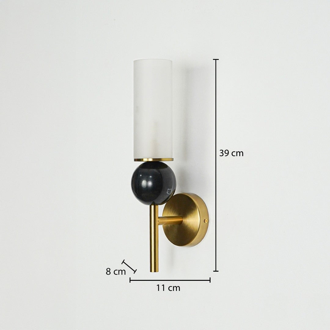 Modern wall light with frosted glass shade black sphere and gold metal base on neutral wall background 39 cm height 11 cm width 8 cm depth ideal for stylish home lighting.