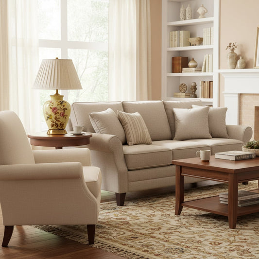 Elegant floral yellow ceramic table lamp with beige pleated shade placed on a centre table enhancing living room decor.