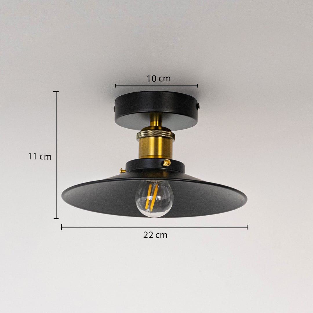 Ceiling light with black metal shade and gold holder shown with size dimensions 11 cm height 22 cm width and 10 cm base.