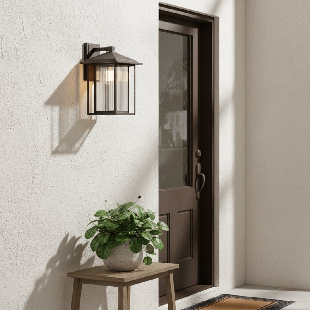 Outdoor metal wall lantern mounted beside an entry door creating warm welcoming illumination for exterior porch and house facade walls.