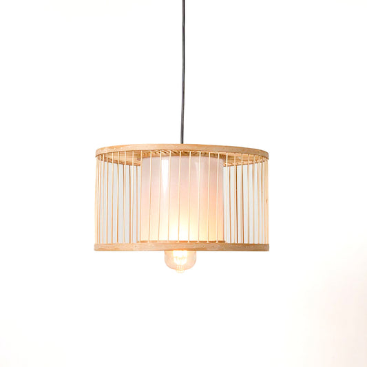 Minimal wood pendant light with cylindrical shade and subtle vertical lines suspended against clean neutral wall background for modern interior lighting.