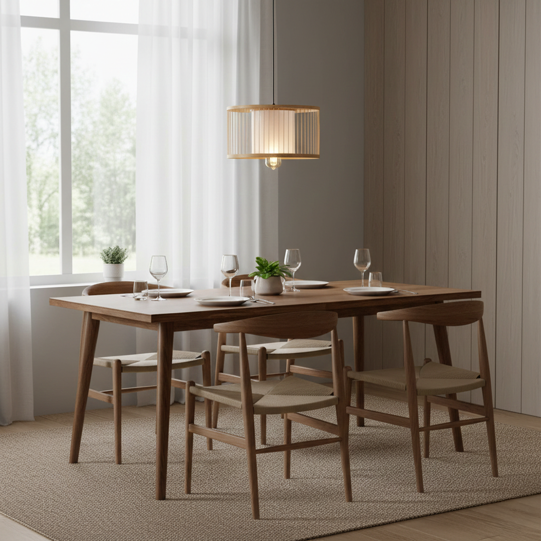 Layered bamboo pendant light above dining table creating cozy ambiance with modern natural appeal.
