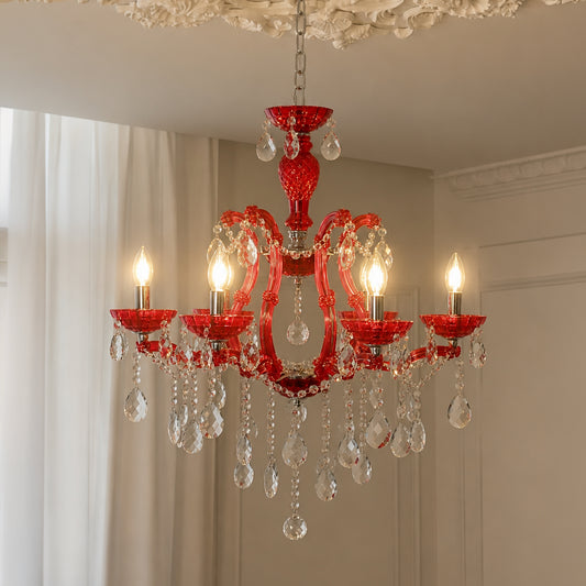 Lifestyle image of red crystal chandelier for luxury ceiling decor styling with modern elegant finish.