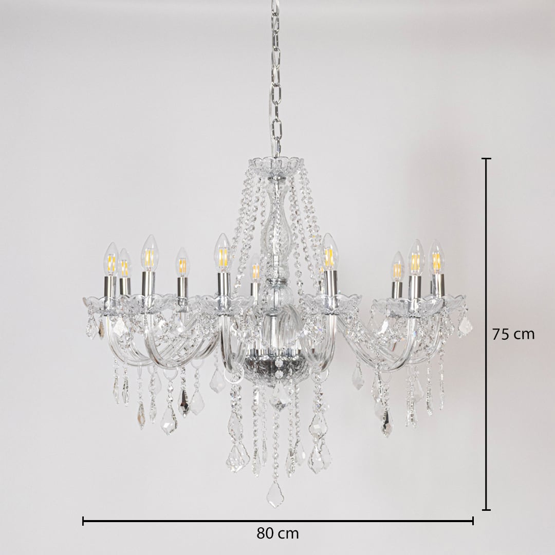 Crystal chandelier with silver detailing shown with 80 cm width and 75 cm height for modern decorative lighting.