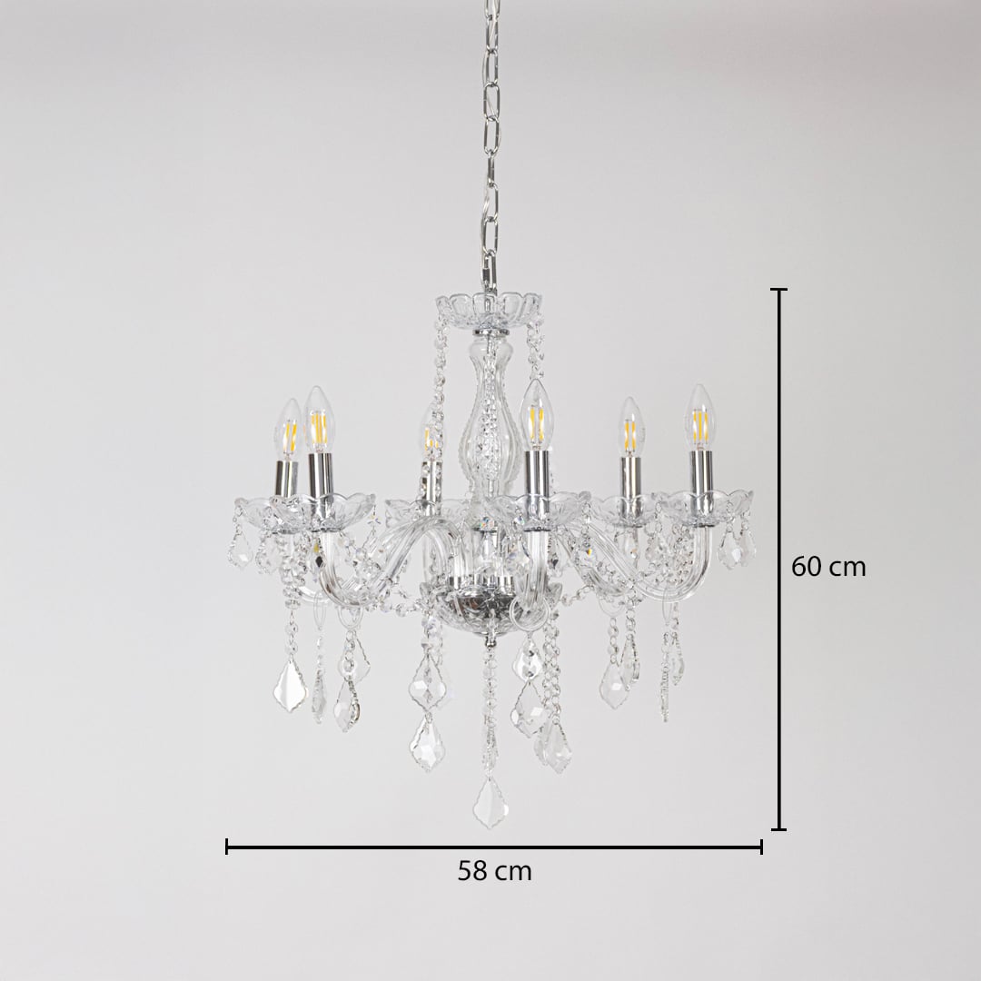 Chandelier with silver finish and crystal design shown with 58 cm width and 60 cm height for stylish lighting.