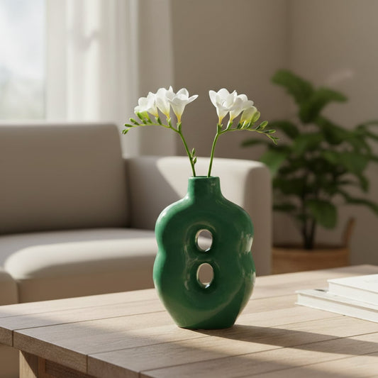 Green glazed ceramic decorative vase with dual cutout design placed on wooden table in modern living room setting.