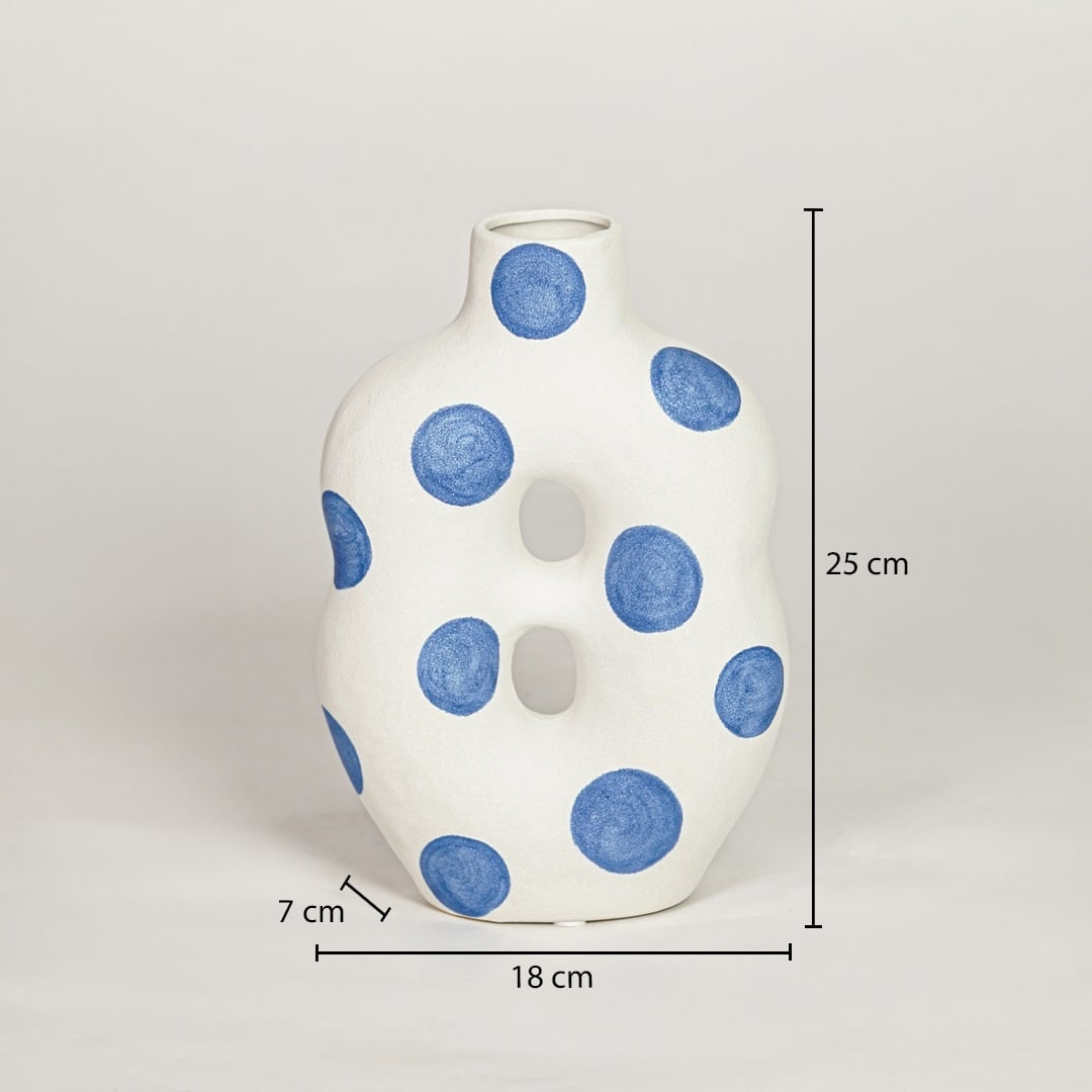 White ceramic decorative vase showing 18 cm width 7 cm depth and 25 cm height ideal for console table decor display.