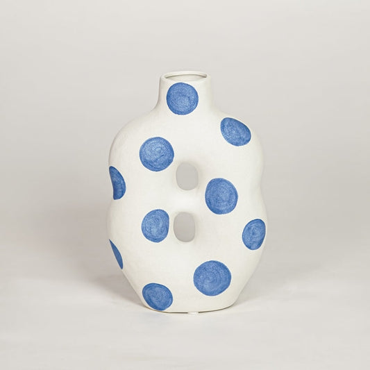 Modern white ceramic decorative vase with artistic blue polka dot design ideal for console table shelf and stylish home decor.