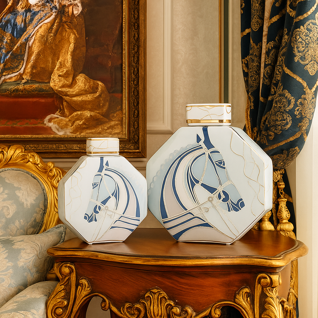White ceramic jars with blue horse brush artwork ideal for modern décor styling and artistic living room display.