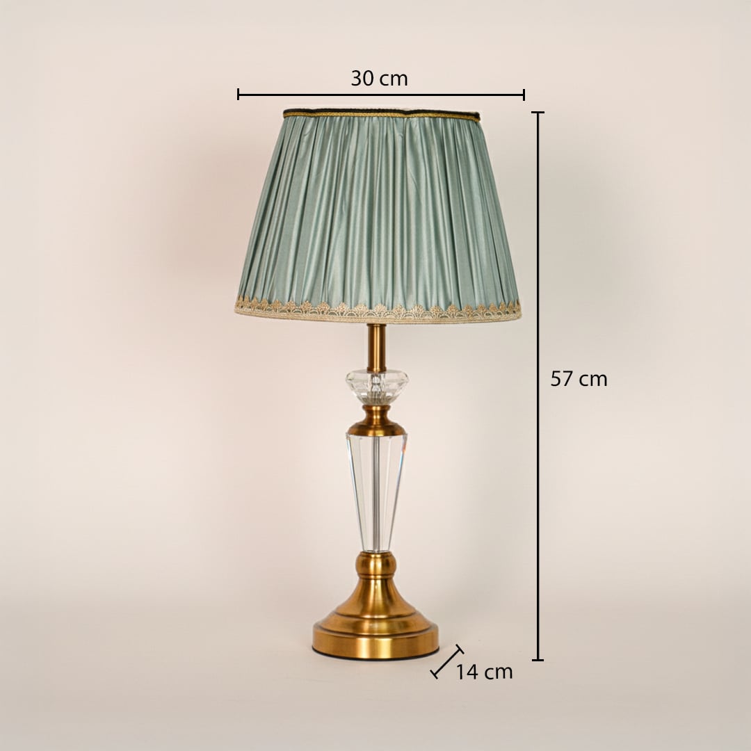 Glass table lamp showing 57 cm height 30 cm shade width and 14 cm base size ideal for bedside or side table use.