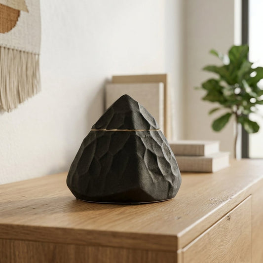 Black decorative ceramic showpiece placed on table modern artistic home decor styling idea.