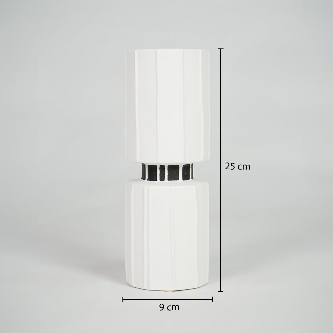 White ceramic cylinder vase dimension image with 25 cm height and 9 cm width for modern shelf decor.