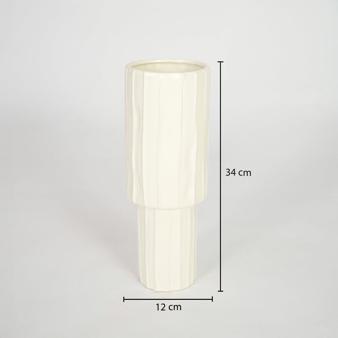 Cream ceramic cylinder vase dimension image with 24 cm height and 12 cm width for modern shelf decor.