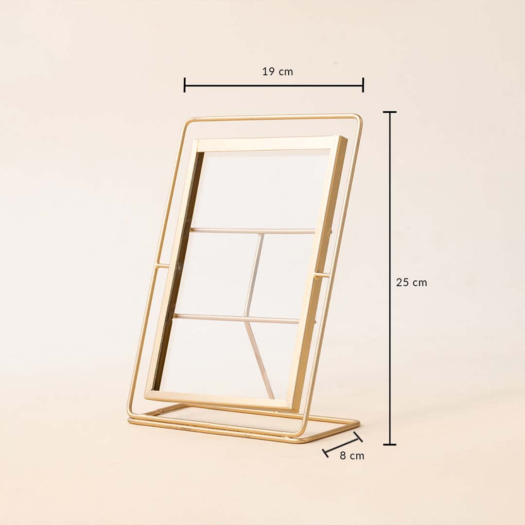 Gold metal photo frame with minimalist design showing product dimensions for modern tabletop decor and display.