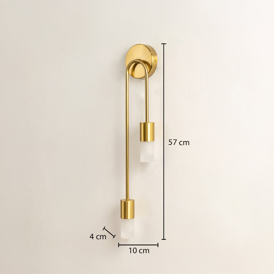 Modern gold metal wall light with 57cm height and 8cm width for luxury bedroom hallway decor styling.
