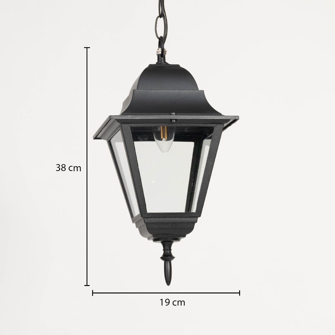 Modern black metal hanging lantern light measuring 33 cm height and 19 cm width for outdoor decor.