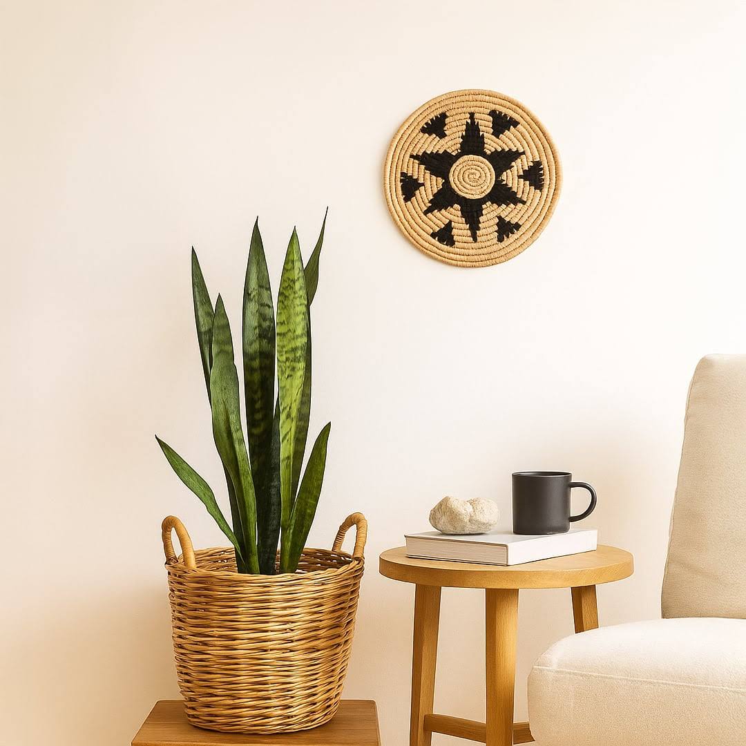 Handcrafted natural seagrass wall basket with black star pattern for living room and modern boho home décor styling.