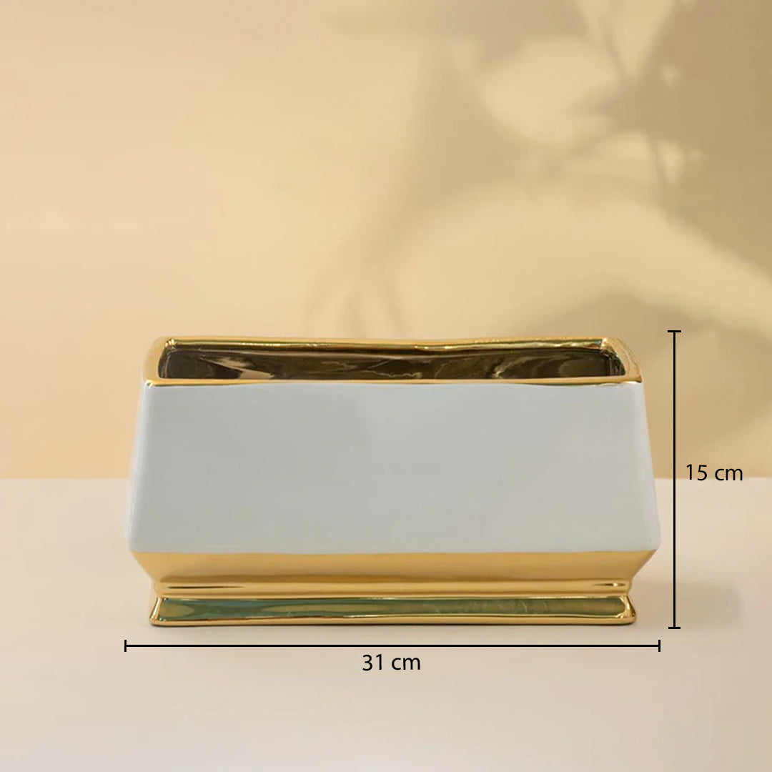 White marble decorative tray with gold frame showing product dimensions for modern tabletop styling and home decor.
