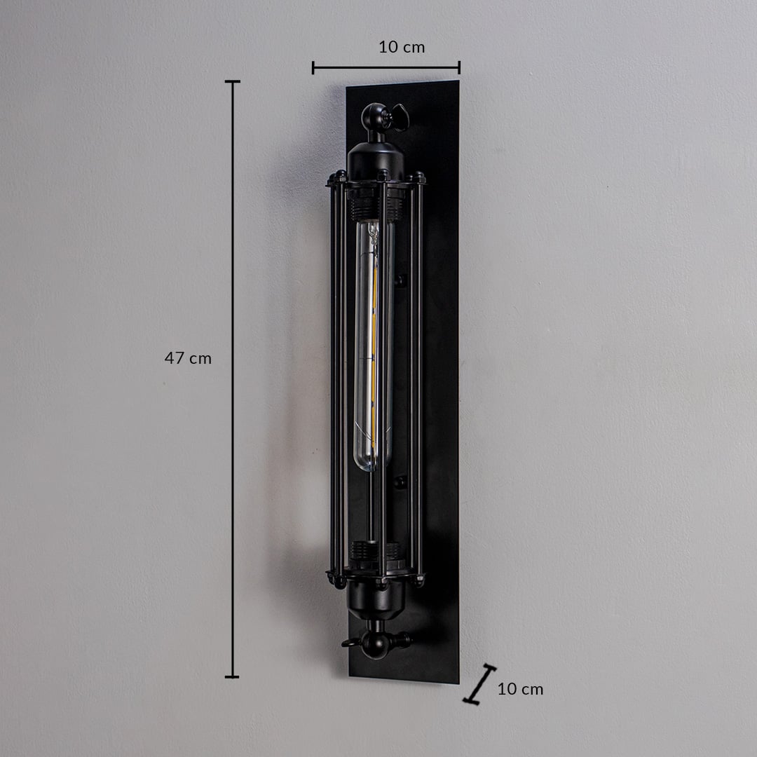 Wall light with black tube cage frame shown with size 47 cm height 10 cm width and 10 cm depth.