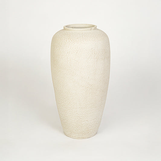 White background image of beige ceramic decorative vase for elegant floor placement with rustic textured finish.