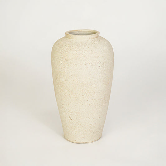 White background image of beige ceramic floor vase for elegant interior decor styling with textured matte finish.