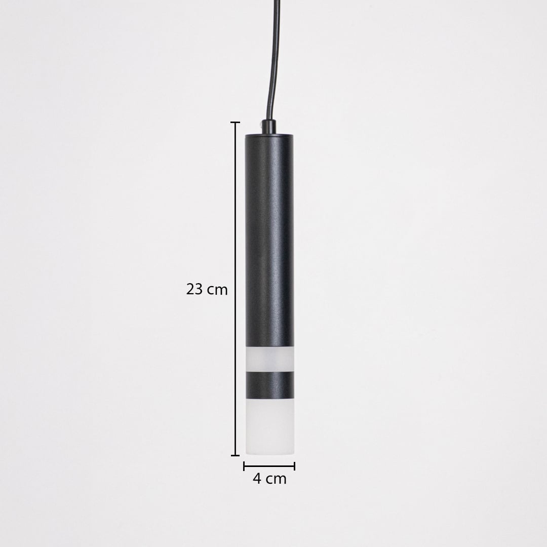 Black cylindrical pendant light with dimensions 23 cm height and 4 cm width displayed on white background for accuracy.