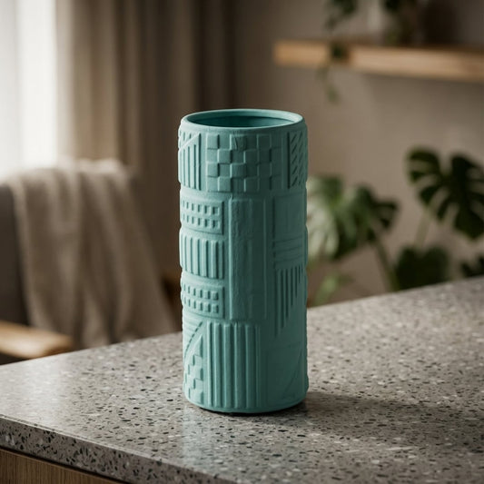 Green ceramic decorative flower vase placed on table modern aesthetic home decor styling idea.