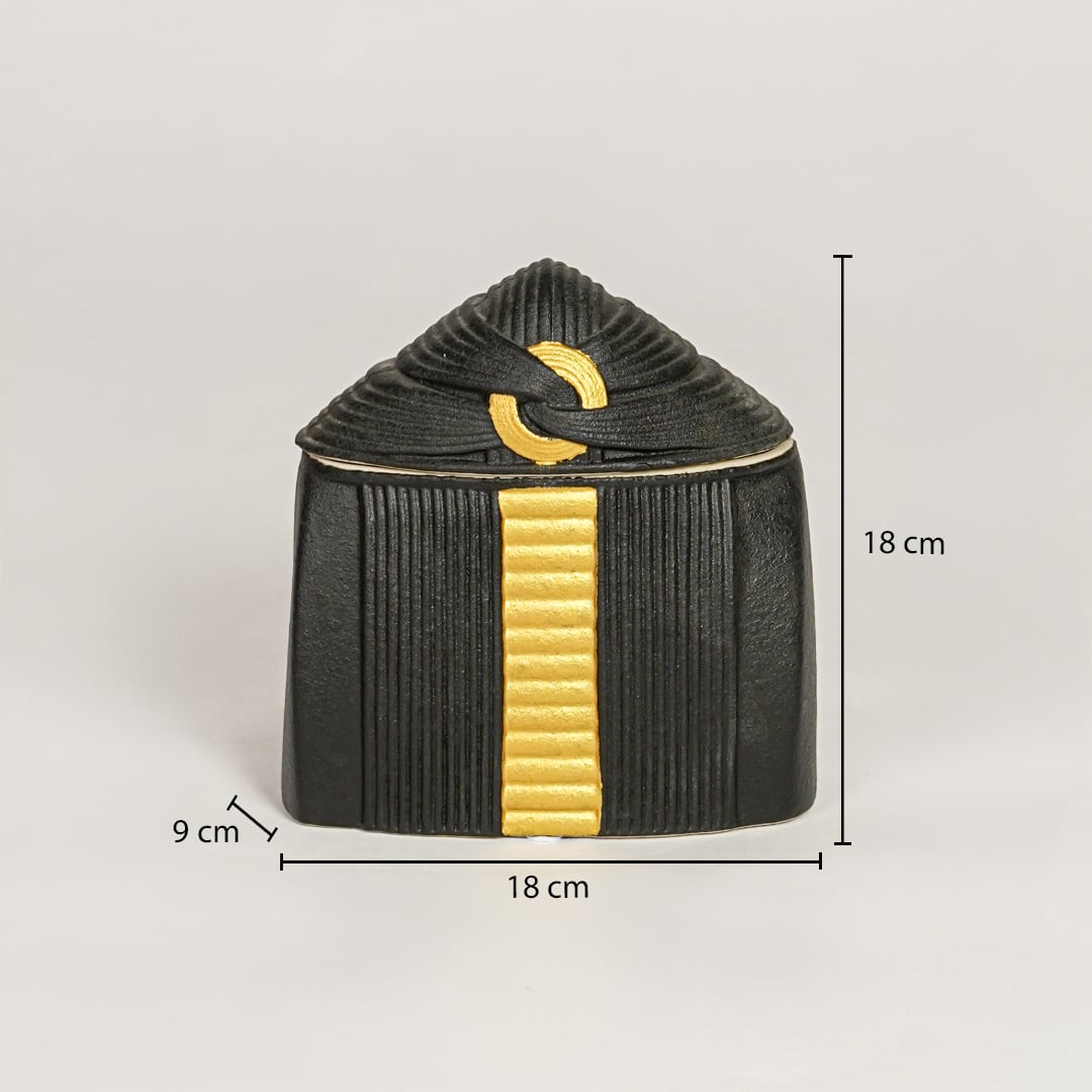 Black ceramic decorative storage jar showing 18 cm width 9 cm depth and 18 cm height ideal for vanity table decor storage.