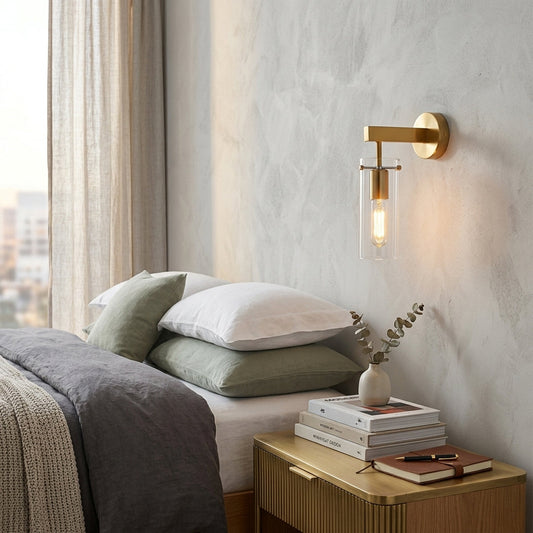 Stylish wall mounted bedside light with gold metal arm and white shade placed against soft neutral bedroom background for cozy ambient lighting.