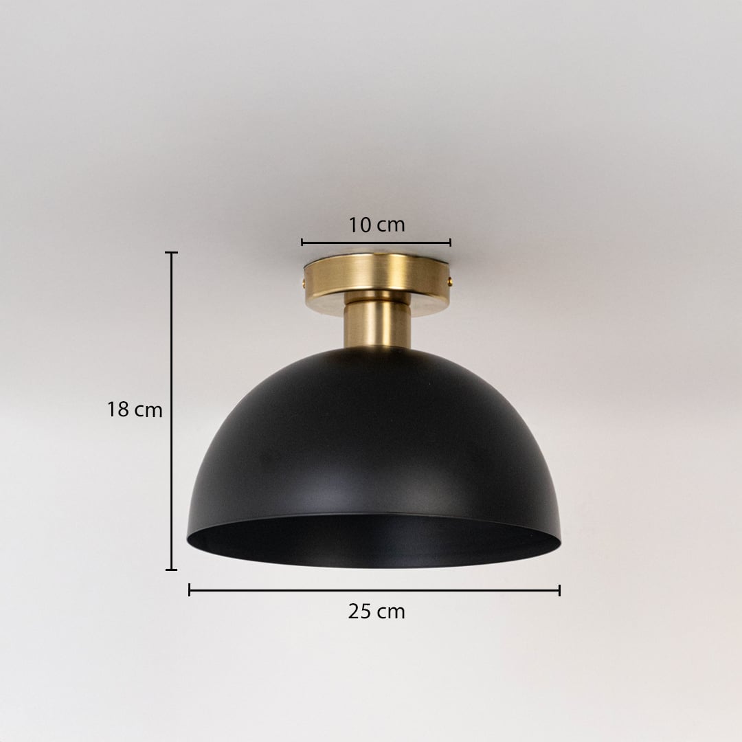 Black ceiling light with gold base and dome shade shown with dimensions 25cm width and 18cm height for modern ceiling decor.