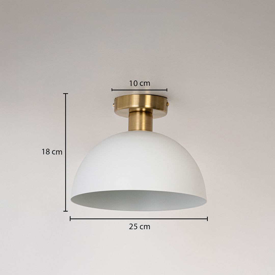 White ceiling light with gold base and dome shade shown with dimensions 25cm width and 18cm height for modern ceiling decor.