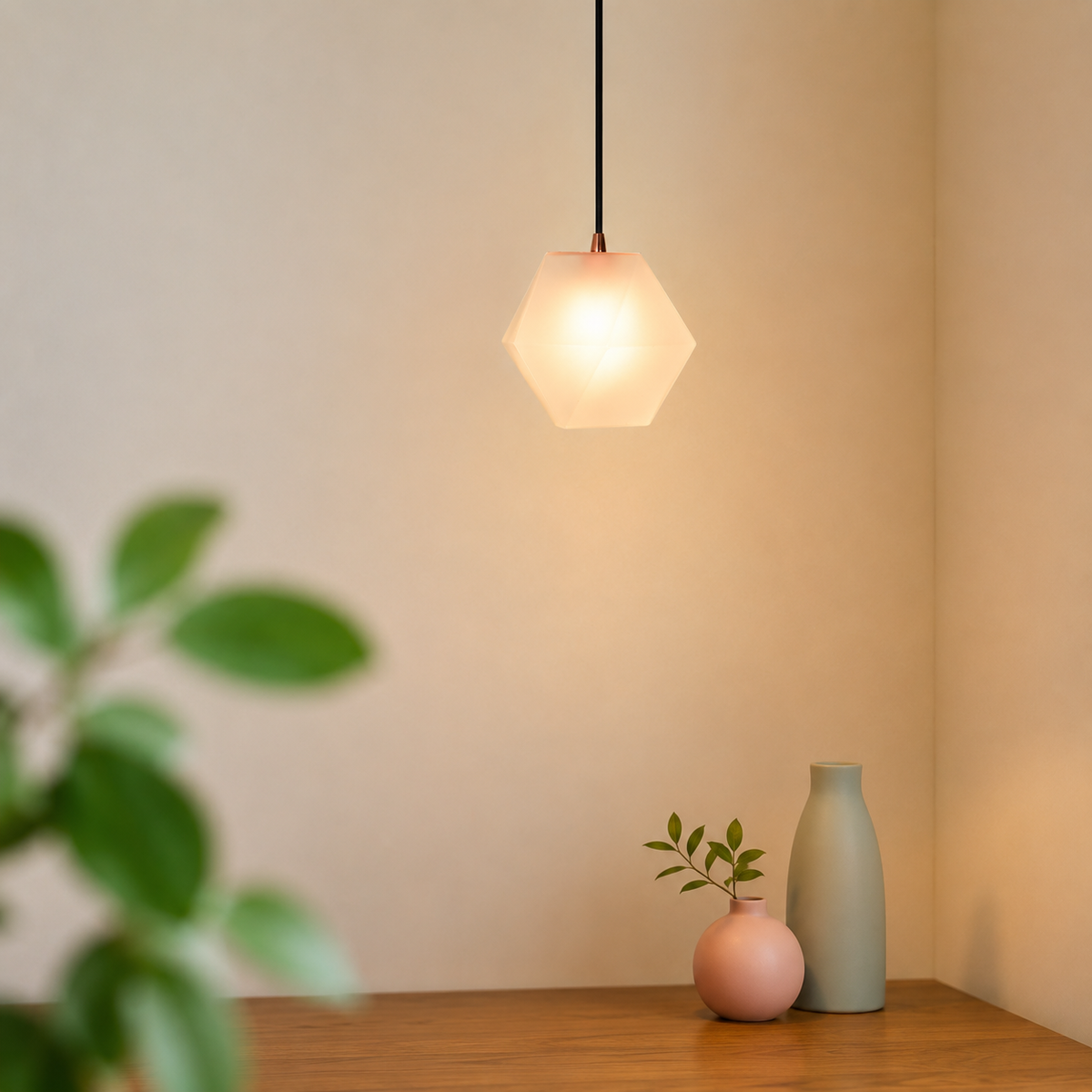 Lifestyle image of modern diamond crystal glass pendant lamp for elegant dining room decor styling and modern home lighting design.