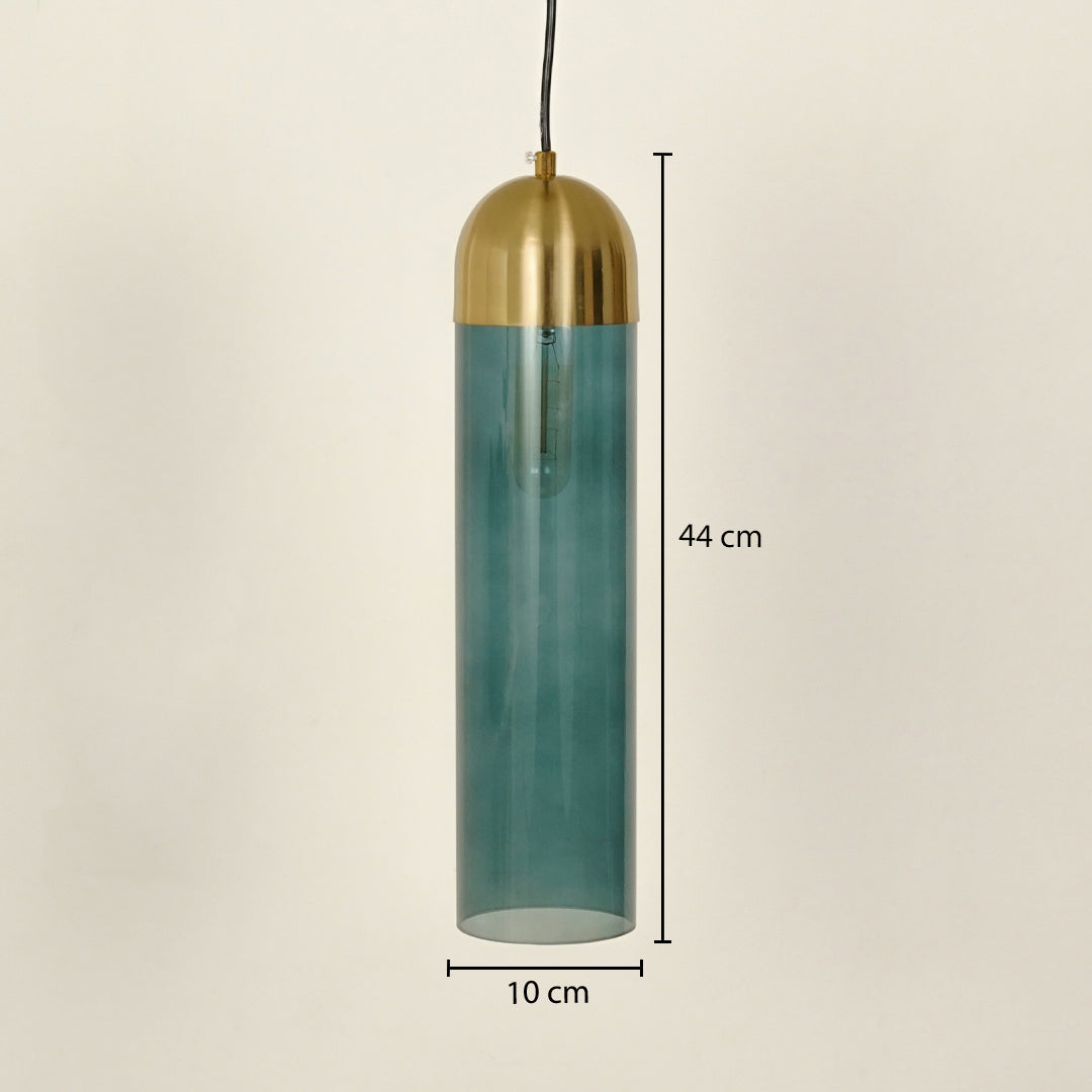 Dimension image of teal glass pendant light with gold metal accents for contemporary home decor.