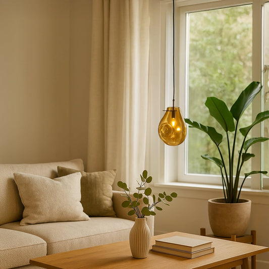 Warm amber glass pendant light on in a cozy beige living room glowing softly above a sofa and wooden table enhancing modern home decor ambience.