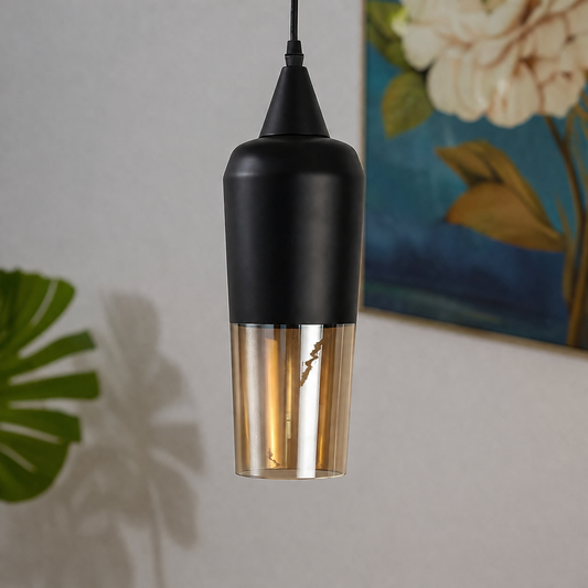 A modern pendant light with a matte black upper shade and a clear glass lower section showing warm golden light, hanging against a light gray wall with a blurred floral painting and plant leaf in the background.