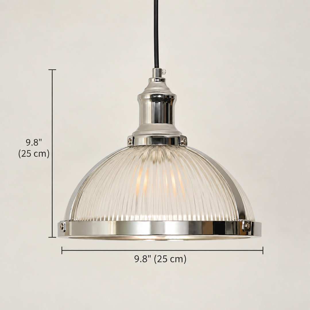 A hanging pendant light with a ribbed clear glass dome and polished silver metal top and trim, shown against a light neutral background with dimension lines indicating 9.8 inches height and width.
